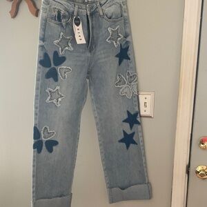 Trendy Light Blue Jeans with Star and Heart Accents